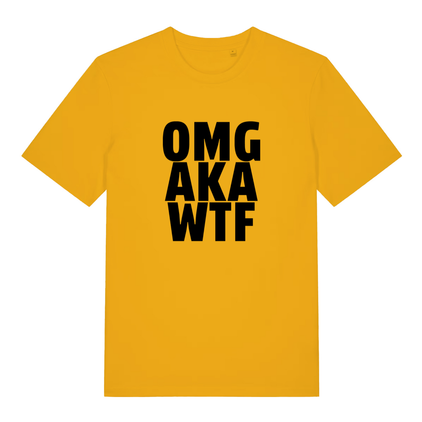 yellow funny offensive t-shirt with the text 'omg, aka, wtf'