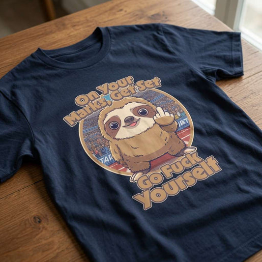 Navy blue t-shirt laid flat on a wooden table featuring a smiling cartoon sloth flipping the bird on a running track with the slogan “On Your Marks, Get Set, Go Fuck Yourself”, cheeky and offensive sloth graphic