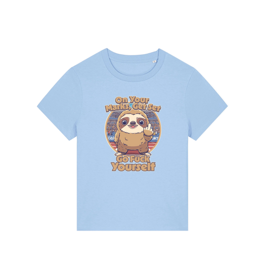 light blue funny offensive t-shirt with the graphic of a sloth and the slogan 'on your marks, get set go fuck yourself'