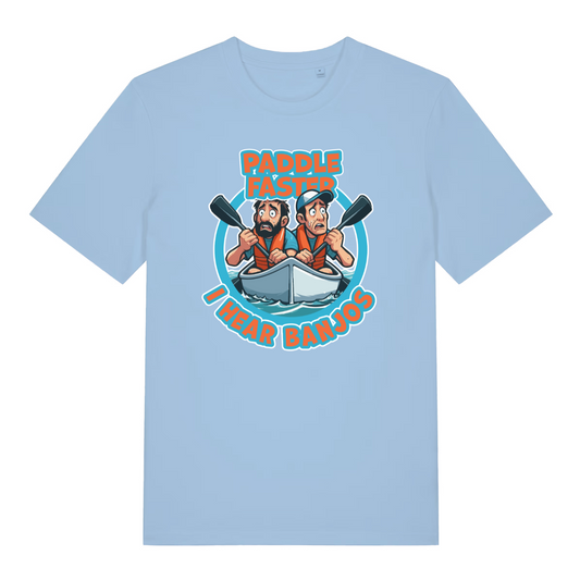 light blue movie t-shirt with cartoon characters paddling a boat and text 'Paddle Faster I Hear Banjos'