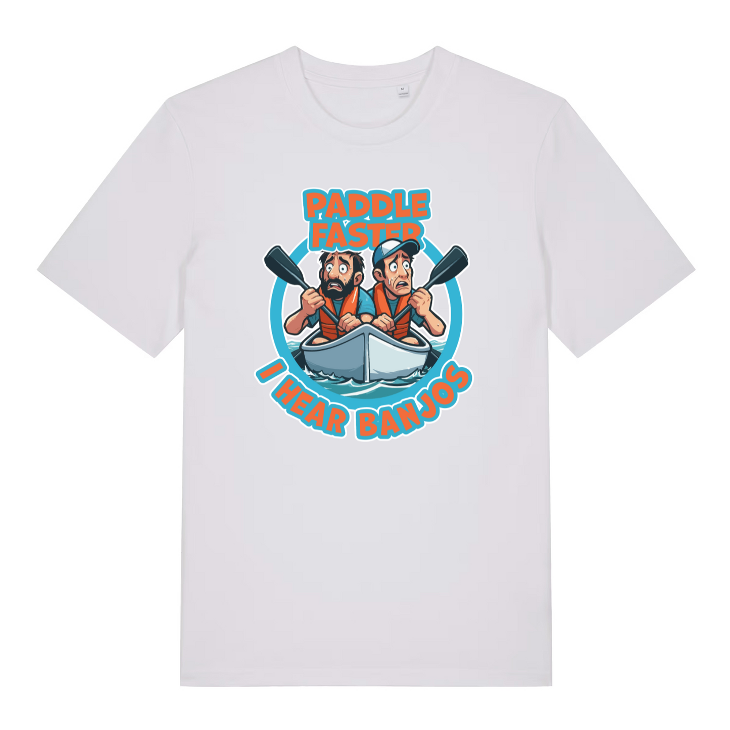 white movie t-shirt with cartoon characters paddling a boat and text 'Paddle Faster I Hear Banjos'