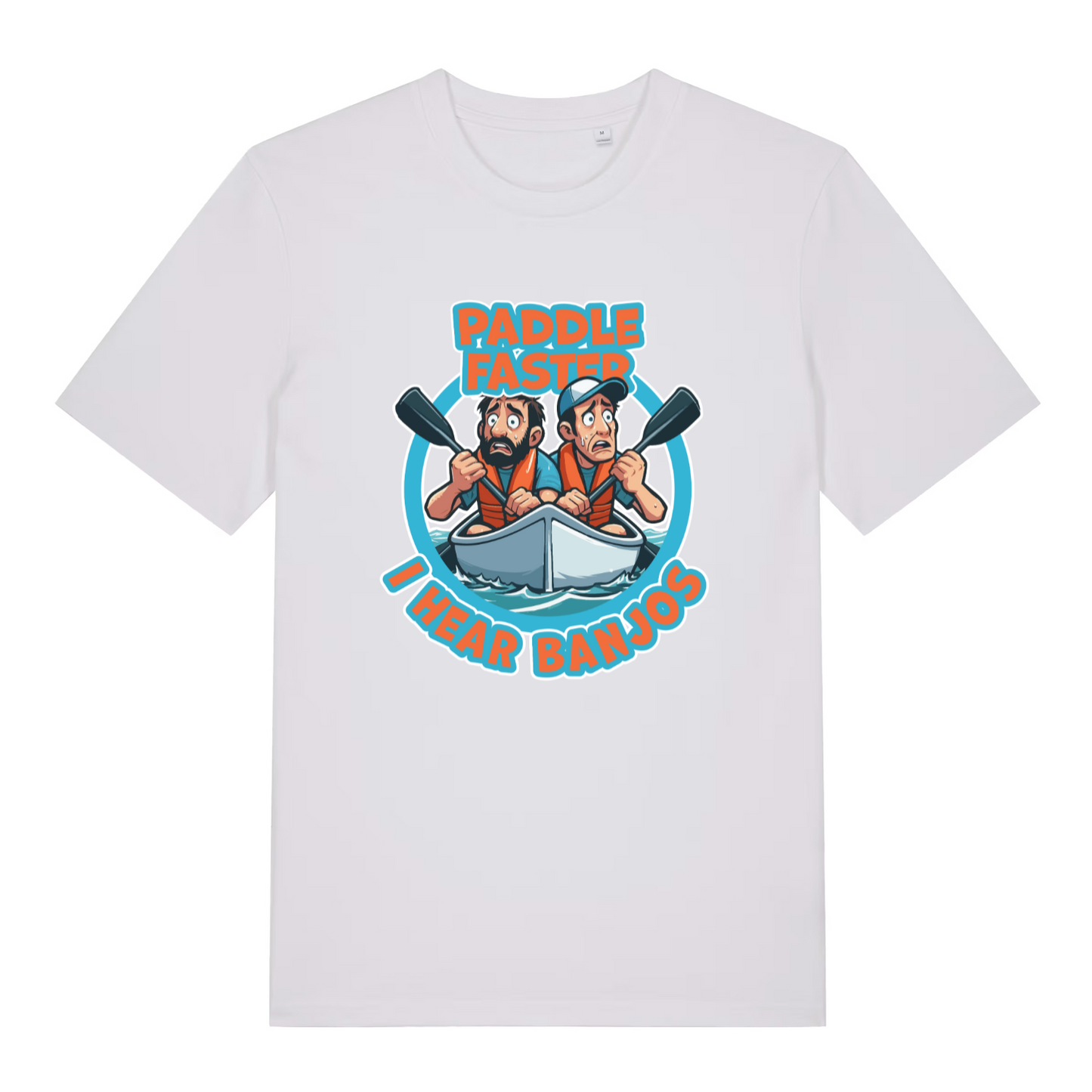 white women's movie t-shirt with the graphic of two cartoon people in a kayak and the slogan 'paddle faster i hear banjos'