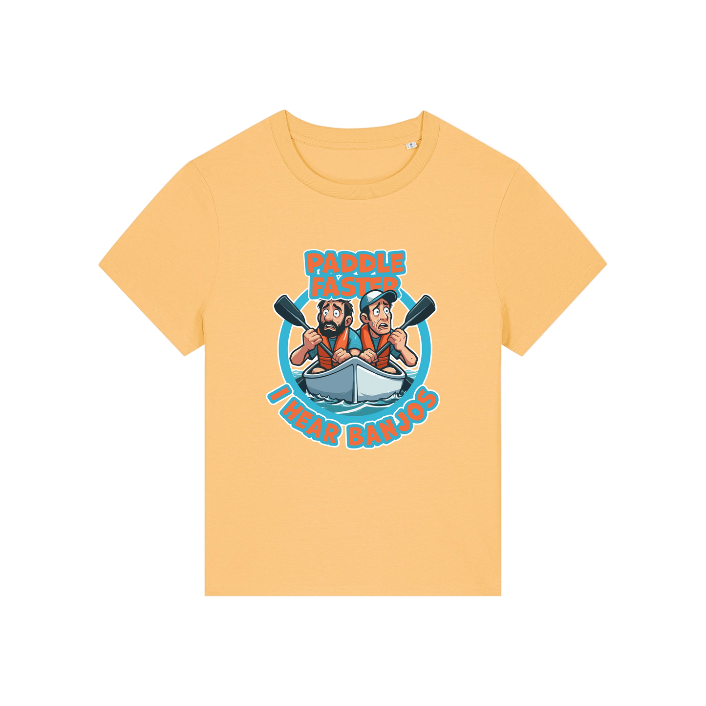 yellow movie t-shirt with the graphic of two people in a kayak and the slogan 'paddle faster i hear banjos'