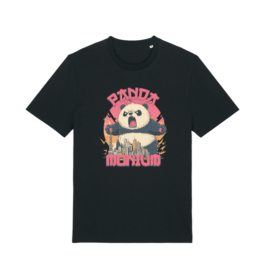 Black funny animal t-shirt with a graphic of a panda standing over a cityscape and the slogan 'Panda Monium'
