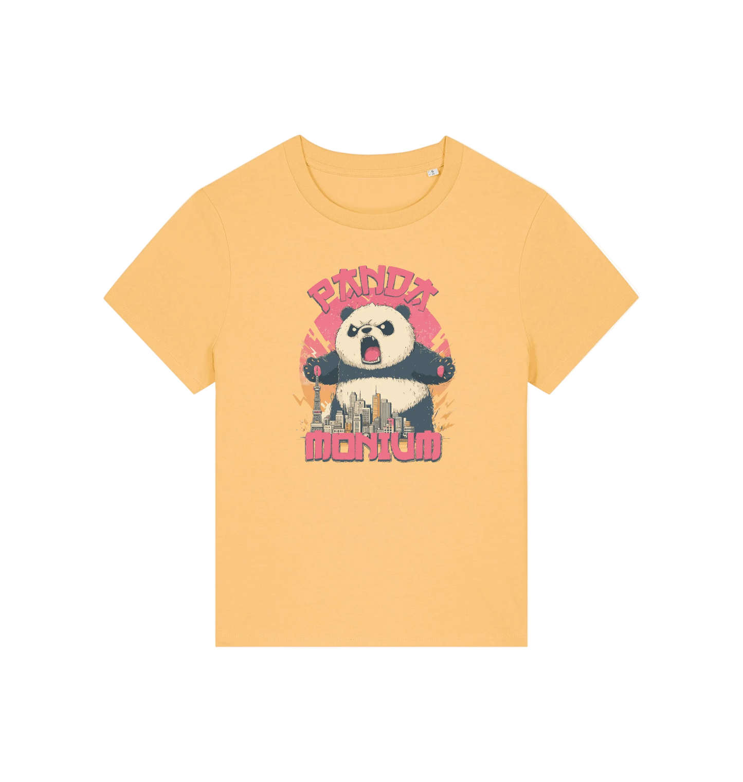 yellow funny animal t-shirt with a panda graphic and the slogan pandamonium