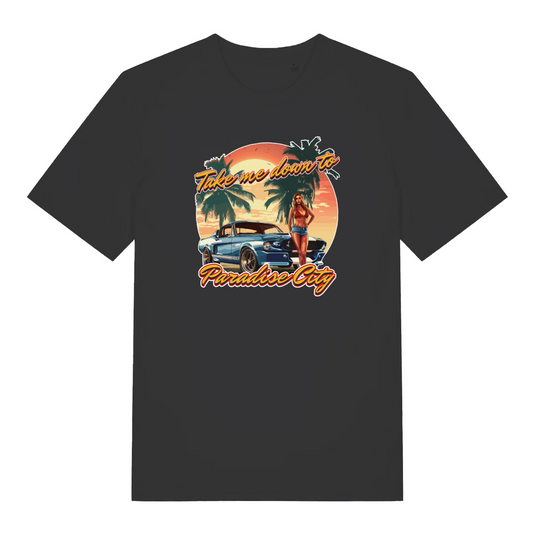 Black music t-shirt with a graphic design of a woman by a car and palm trees, with text 'Take me down to Paradise City'.