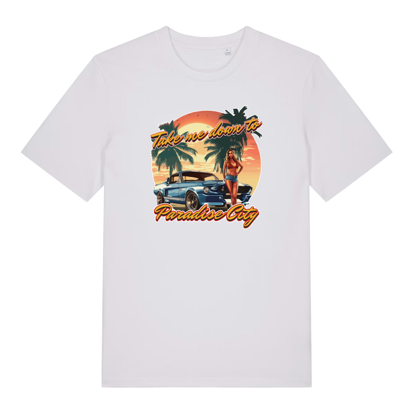 white music t-shirt with a graphic design of a woman by a car and palm trees, with text 'Take me down to Paradise City'.