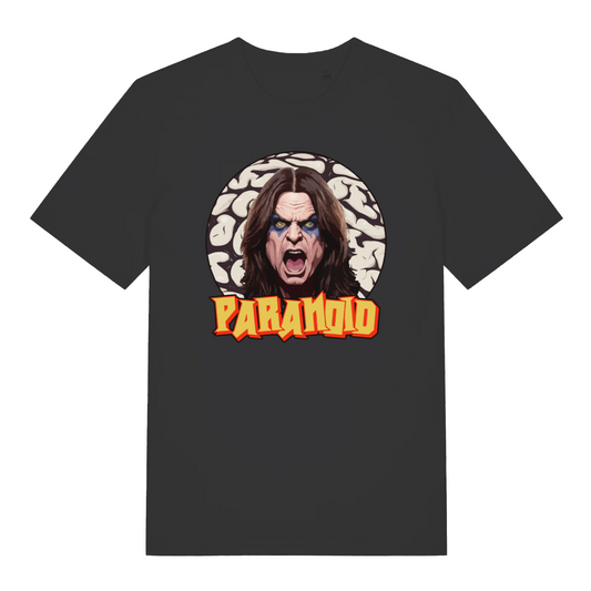 black music t-shirt with the graphic of the legendary ozzy and the text 'paranoid'