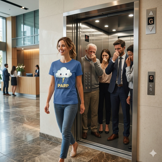 Woman in a blue t-shirt with a cloud design walking past people in an elevator.