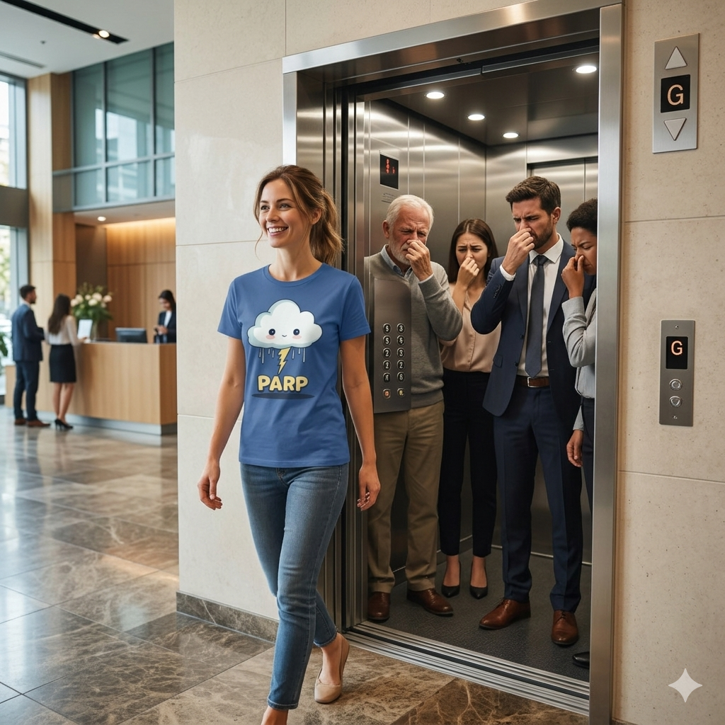 Woman in a blue t-shirt with a cloud design walking past people in an elevator.