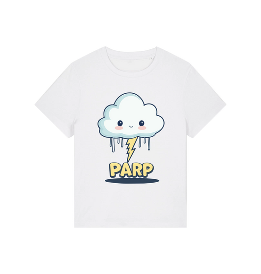 white kawaii t-shirt with the graphic of a cloud and the slogan 'parp'