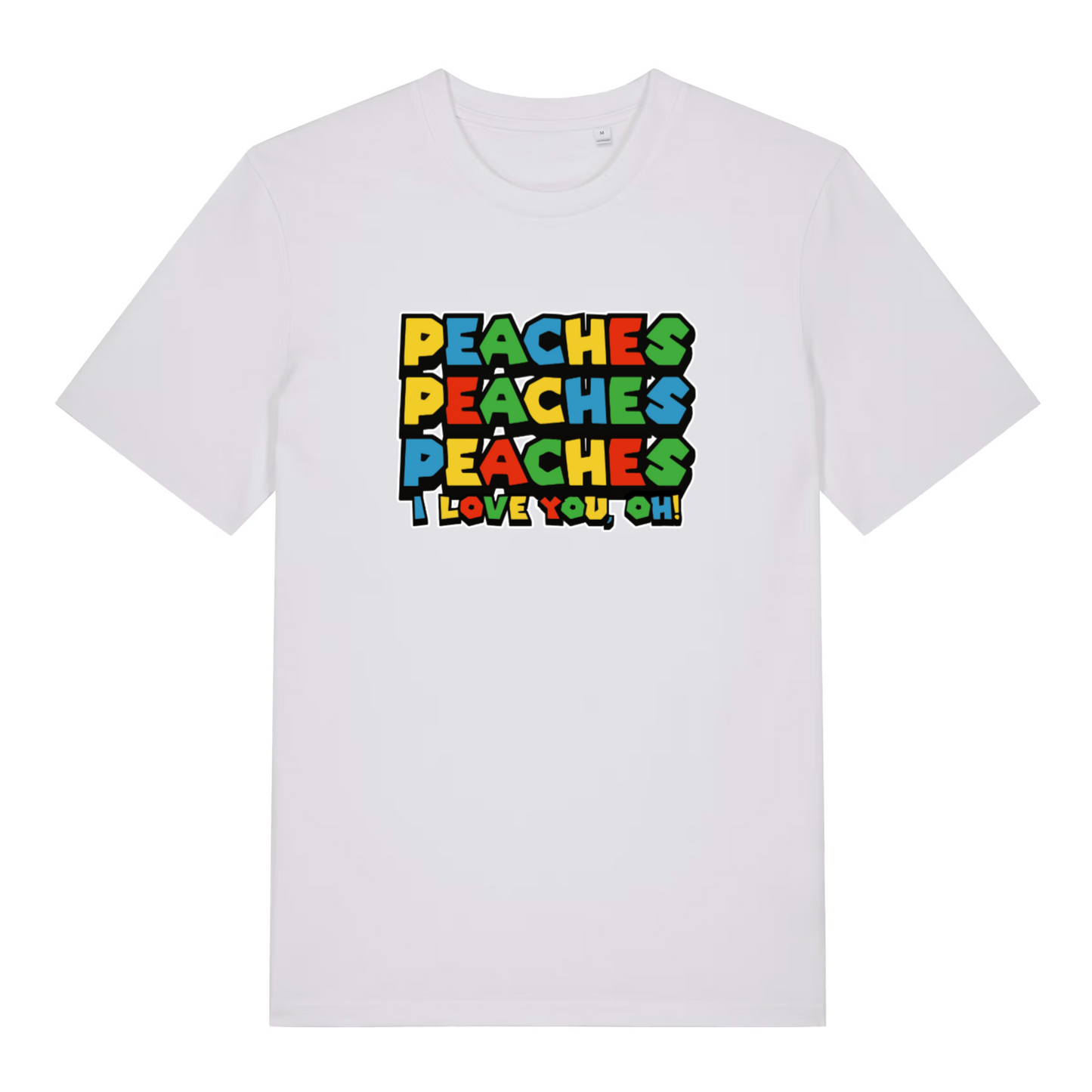 white women's movie t-shirt with the slogan 'peaches peaches peaches i love you'