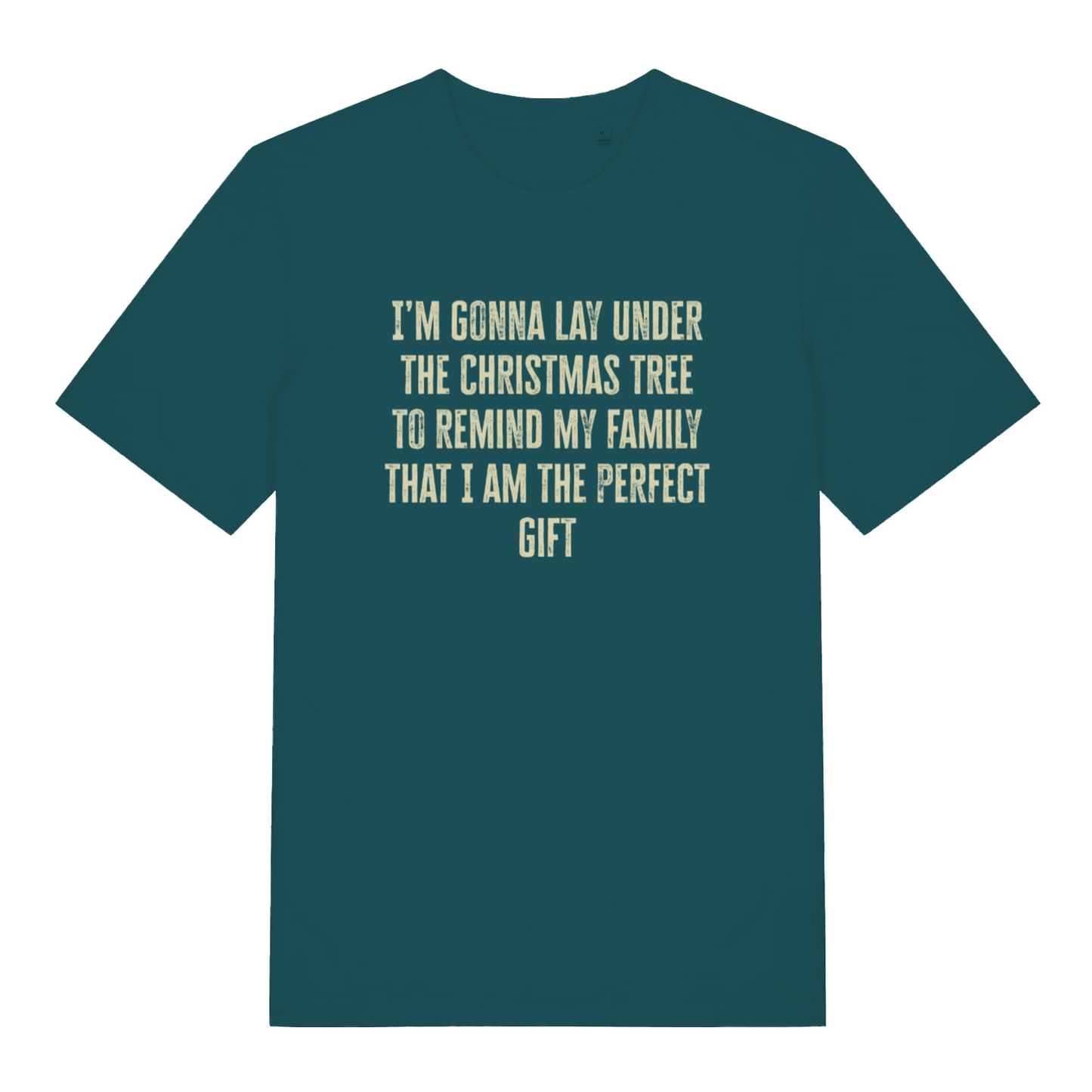 teal women's xmas t-shirt with the slogan 'i'm gonna lay under the christmas tree to remind my family that i am the perfect gift'