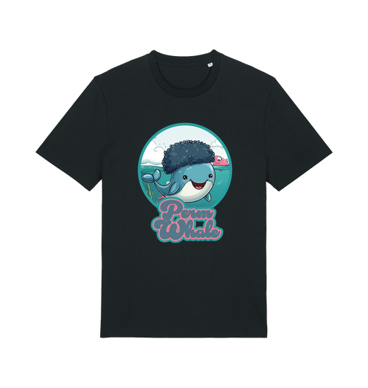 black kawaii t-shirt with the graphic of a cartoon whale with an afro hairstyle and the slogan 'perm whale'