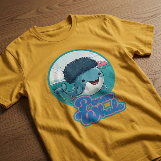 Yellow Perm Whale t-shirt laid flat on a wooden surface showing the full cute sperm whale with afro graphic, witty and playful animal pun design