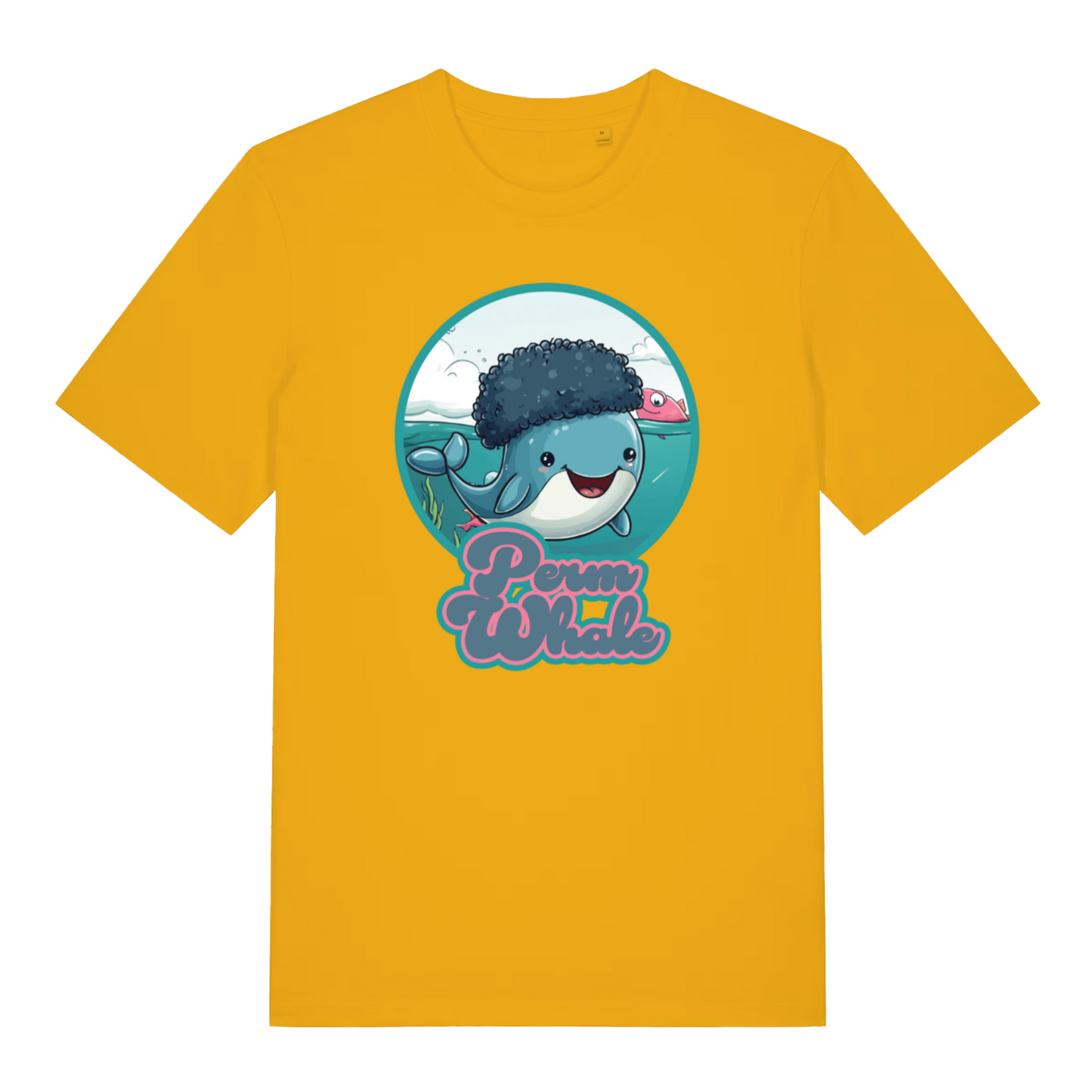 yellow women's kawaii t-shirt with the graphic of a whale with an afro and the slogan 'perm whale'