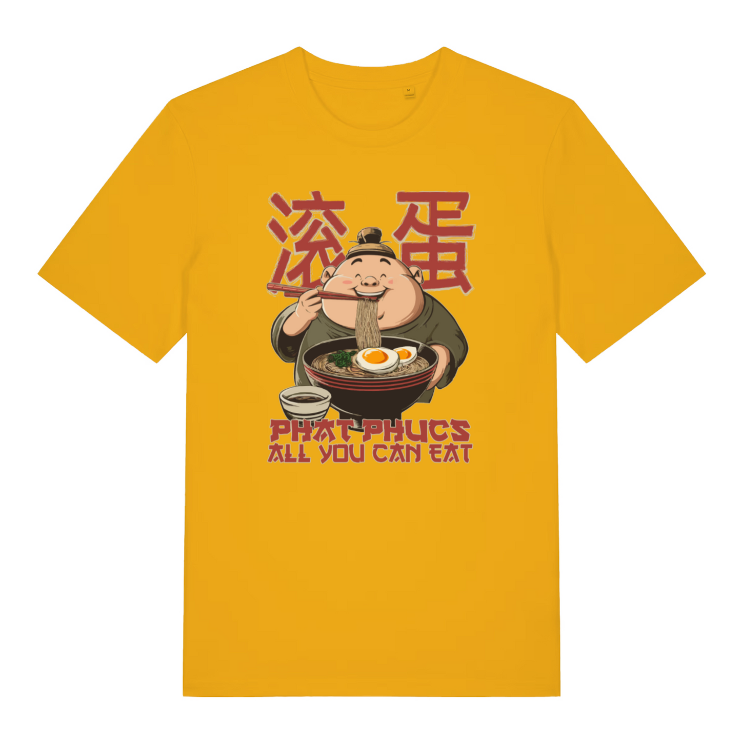 yellow funny offensive t-shirt with the graphic of a man eating noodles and the slogan 'phat phucs all you can eat'