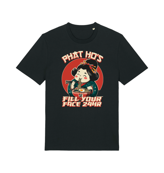 Black funny offensive t-shirt with a graphic design featuring a japanese woman eating noodles and the slogan 'phat hos fill your face 24hr'