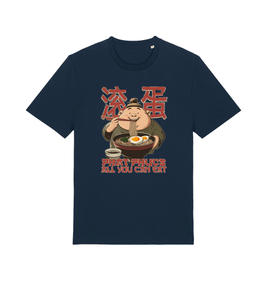navy funny offensive t-shirt with a graphic of a cartoon character eating noodles and the slogan phat phucs all you can eat'