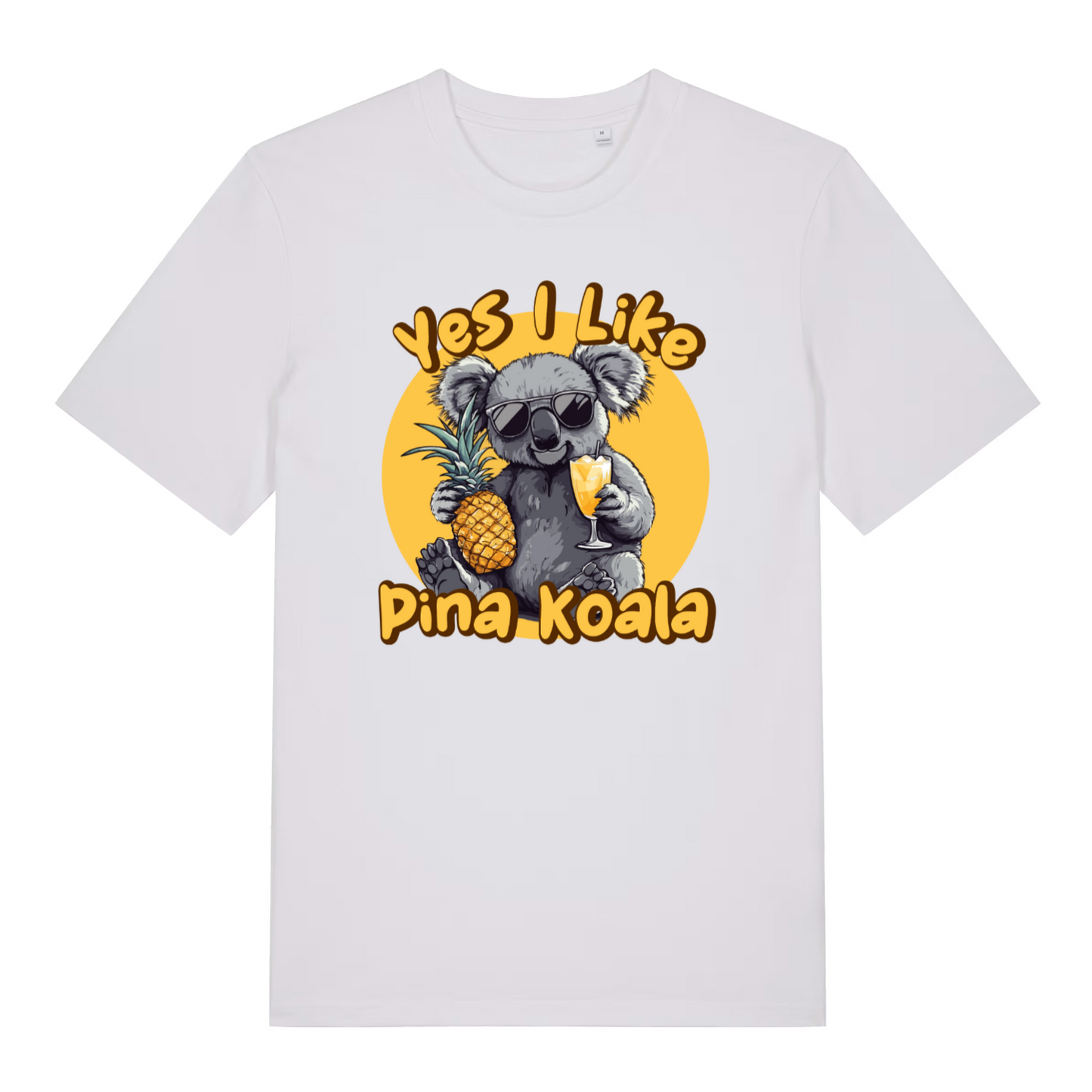 white funny graphic t-shirt with a koala graphic holding a pineapple and a drink, text 'Yes I Like pina koala'