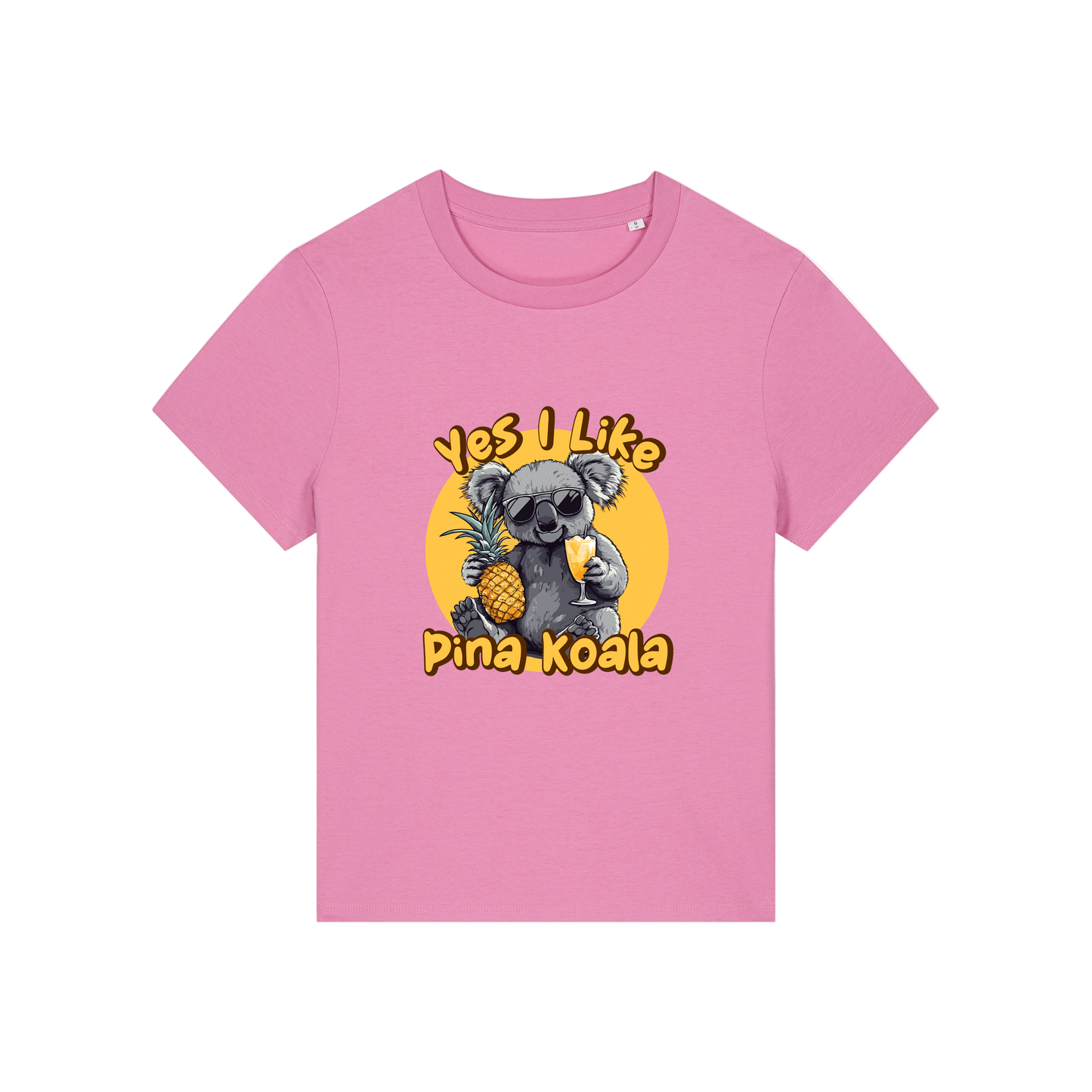 pink funny animal t-shirt with the graphic of a koala holding a drink and a pineapple and the slogan 'yes i like pina koala'