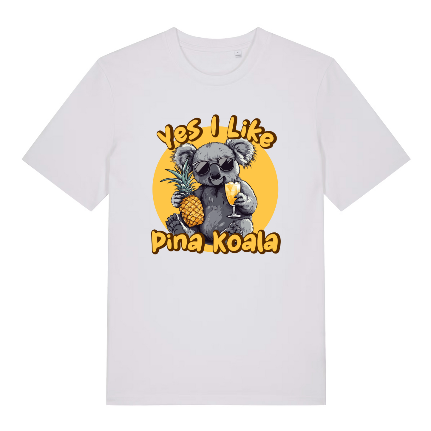 white women's funny animal t-shirt with the graphic of a koala and the slogan 'yes i like pina koala'