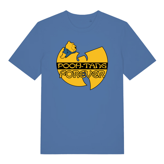 blue music t-shirt with a yellow bear and the slogan 'pooh tang forever'