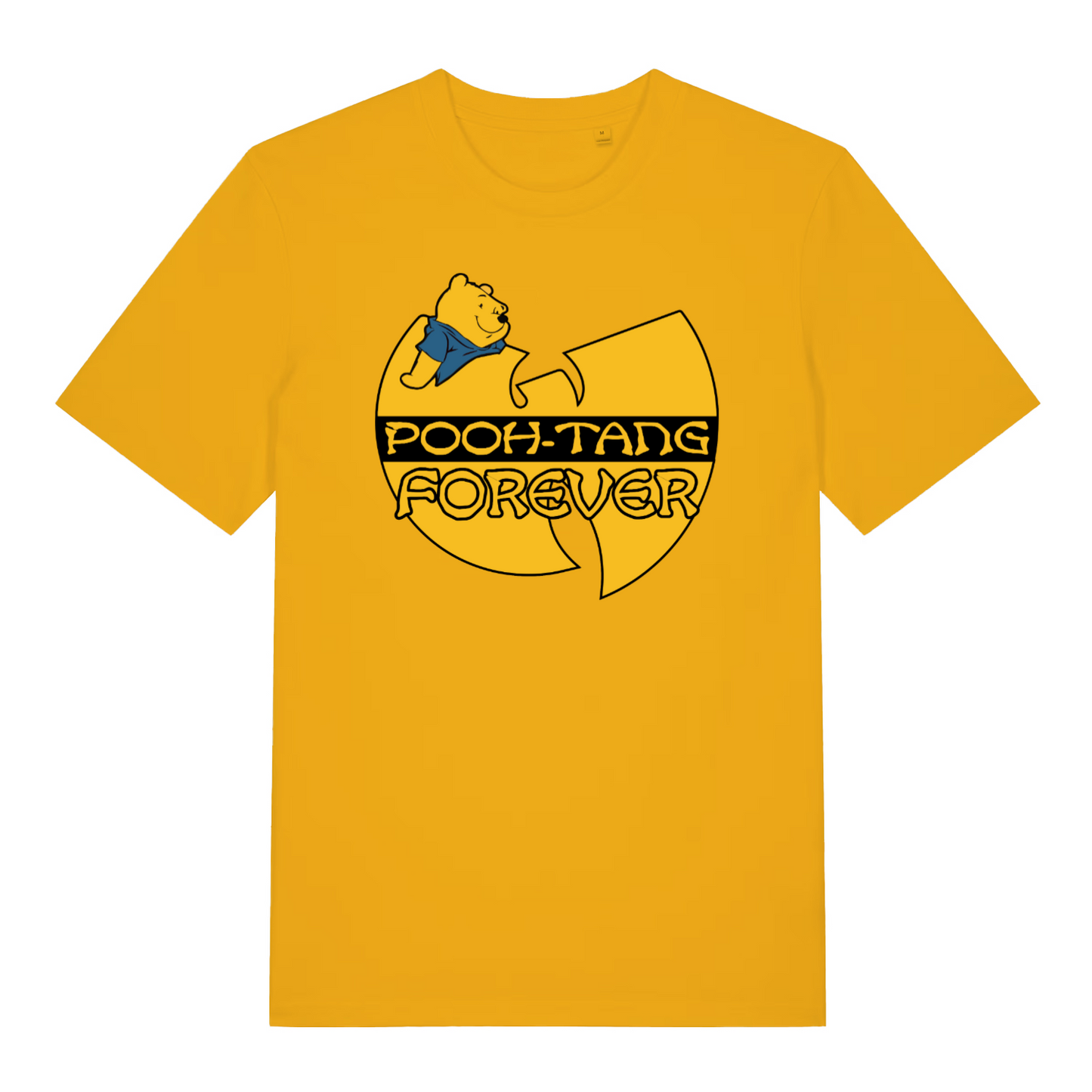yellow music t-shirt with a yellow bear and the slogan 'pooh tang forever'