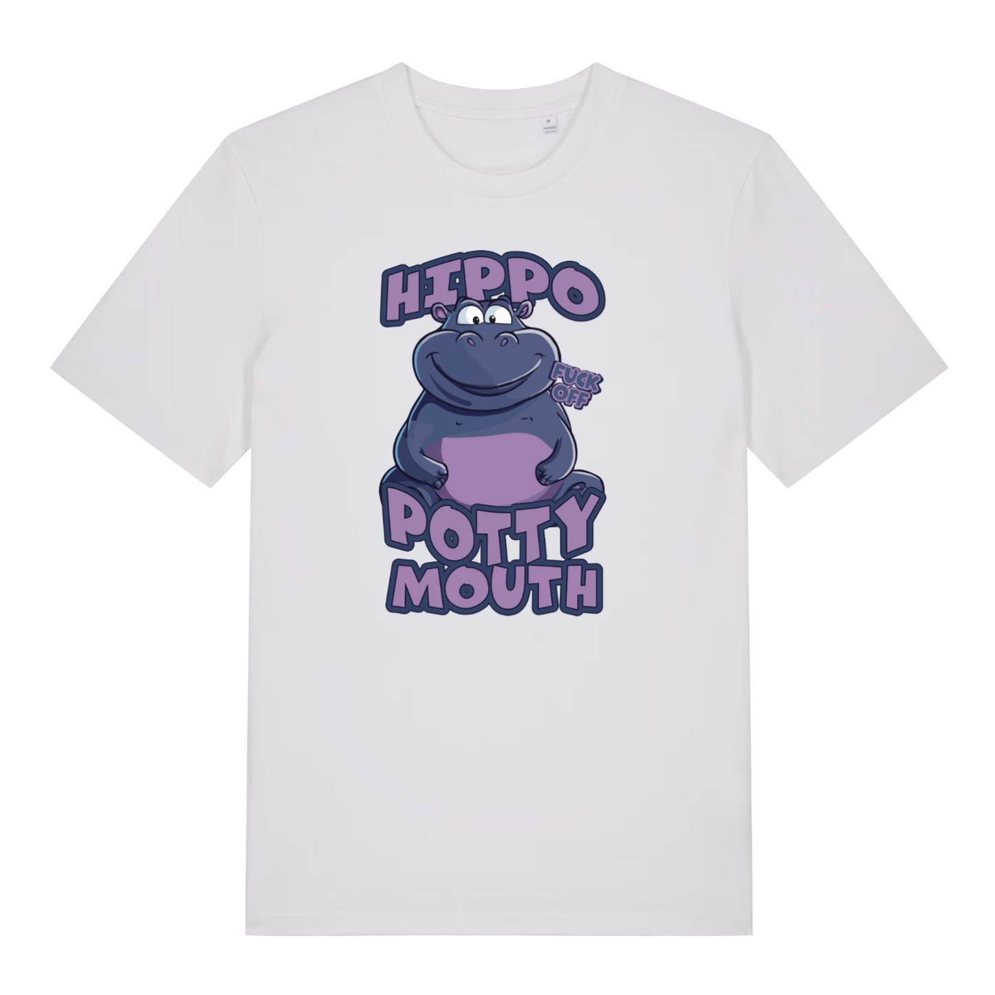 white funny animal t-shirt with the graphic of a hippo and the slogan 'hippo potty mouth'