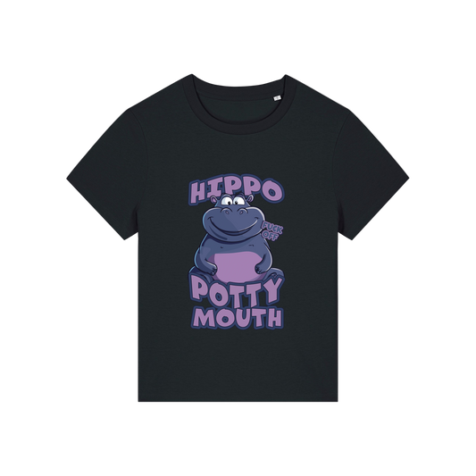 black funny animal t-shirt with the graphic of a hippo and the slogan 'hippo potty mouth'