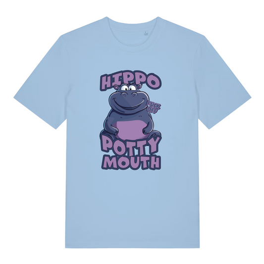 light blue women's funny animal t-shirt with the graphic of a hippo and the slogan 'hippo potty mouth'