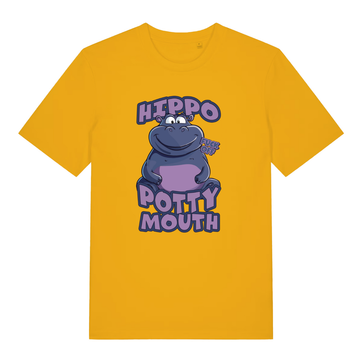 yellow women's funny animal t-shirt with the graphic of a hippo and the slogan 'hippo potty mouth'