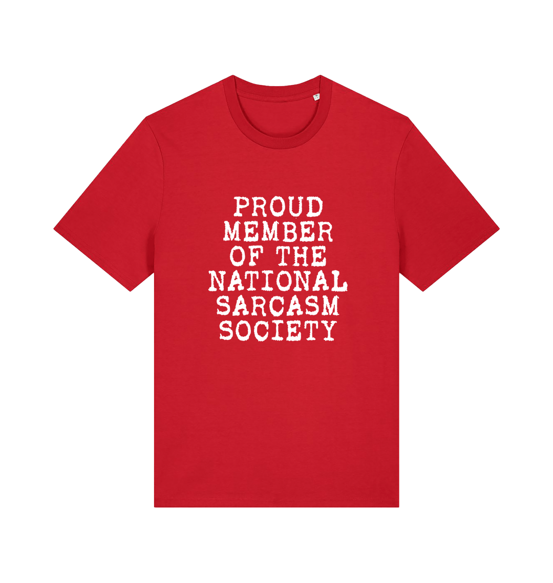red sarcastic t-shirt with the slogan 'proud member of the national sarcasm society'
