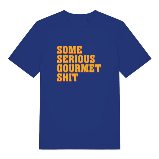 blue movie t-shirt with the slogan 'some serious gourmet shit'