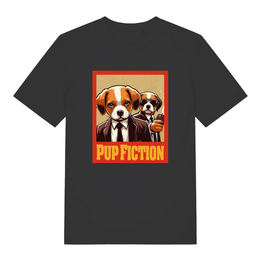 Black movie t-shirt with 'Pup Fiction' graphic featuring two dogs in suits on a beige background.