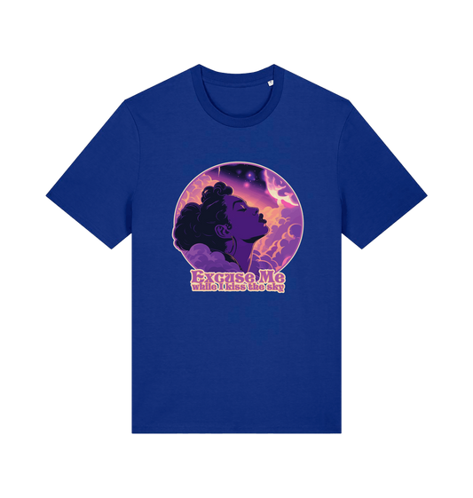 blue music t-shirt with a purple graphic of a woman's profile and the slogan 'excuse me while i kiss the sky'