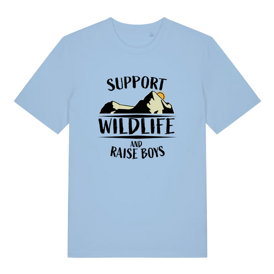 light blue women's slogan t-shirt with the text 'support wildlife and raise boys'