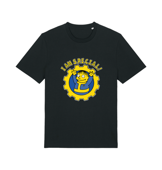 black gaming t-shirt with the graphic of ralph wiggum in a vault tec uniform and the slogan 'i am special'