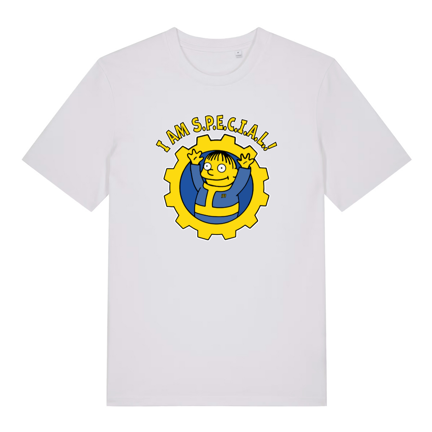 white graphic t-shirt with the graphic of ralph wiggum in a vault tec jumpsuit and the slogan 'i am special'