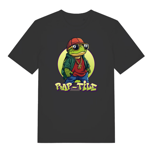 black funny graphic t-shirt with the graphic of a turtle dressed as a rapper and the slogan 'rap-tile'