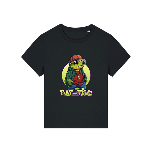 black funny animal t-shirt with the graphic of a turtle dressed like a rapper and the slogan 'raptile'