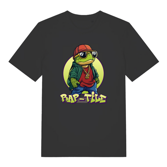 black women's funny animal t-shirt with the graphic of a turtle dressed as a rapper and the slogan 'rap-tile'