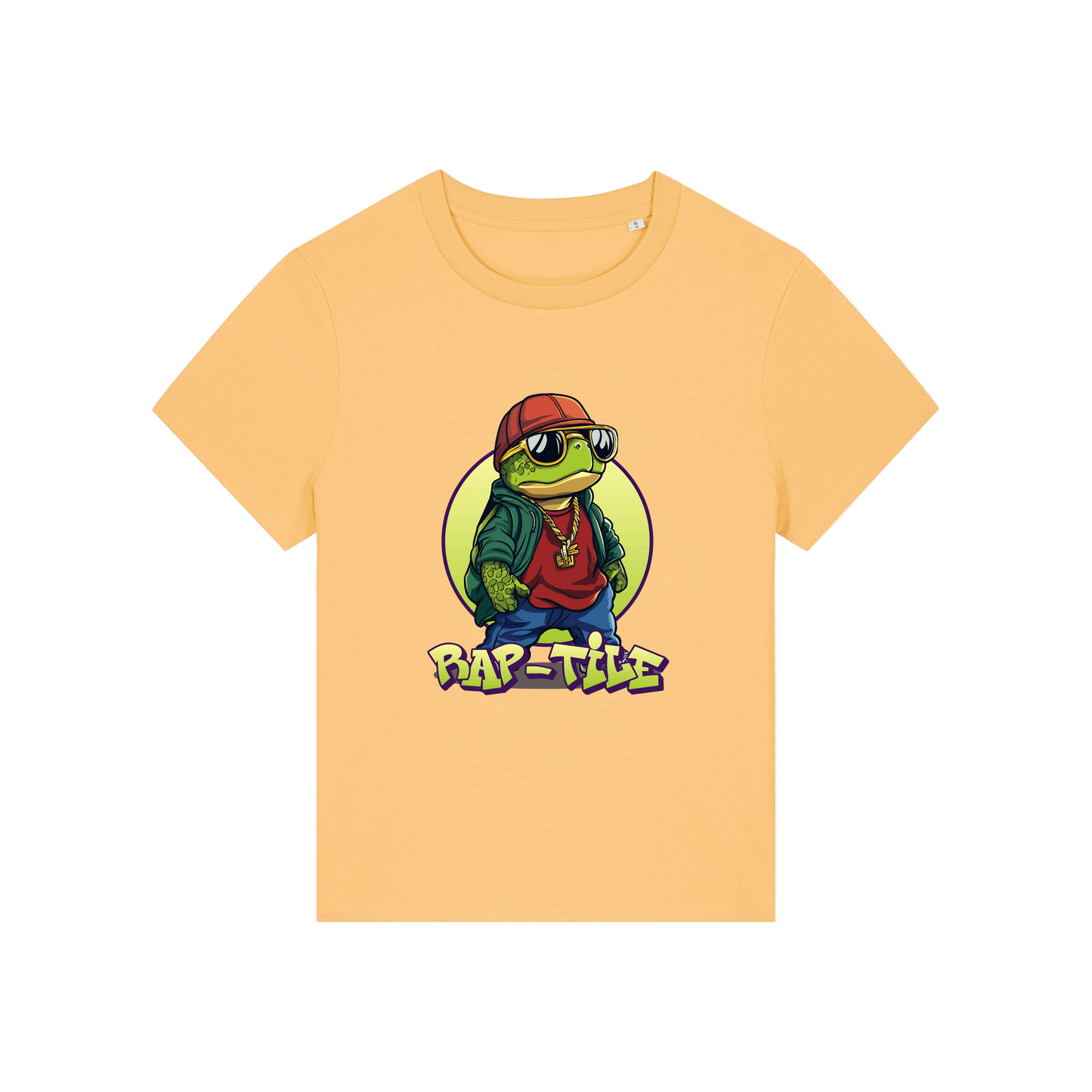 yellow funny animal t-shirt with the graphic of a turtle dressed like a rapper and the slogan 'raptile'