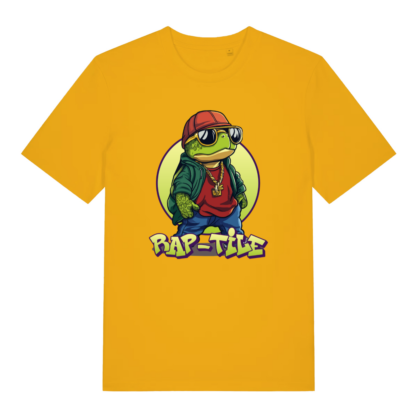 yellow women's funny animal t-shirt with the graphic of a turtle dressed as a rapper and the slogan 'rap-tile'
