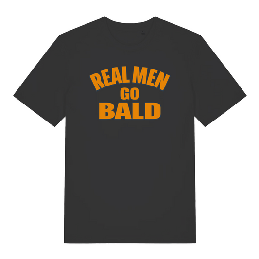 black funny slogan t-shirt with the text 'real men go bald'