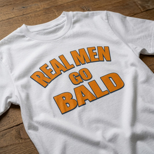 White Real Men Go Bald t-shirt laid flat on a wooden surface showing the full slogan, humorous mens witty dad slogan gift design full of pure attitude