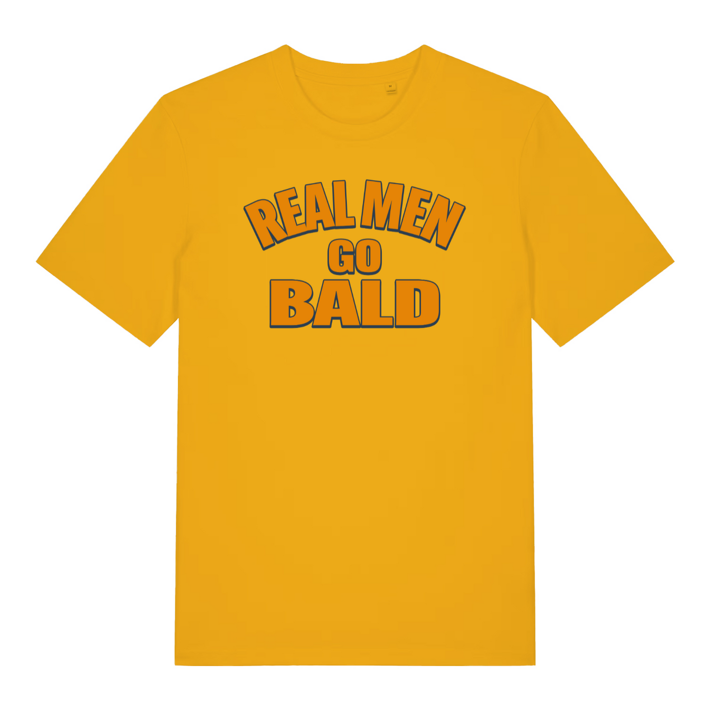 yellow funny slogan t-shirt with the text 'real men go bald'