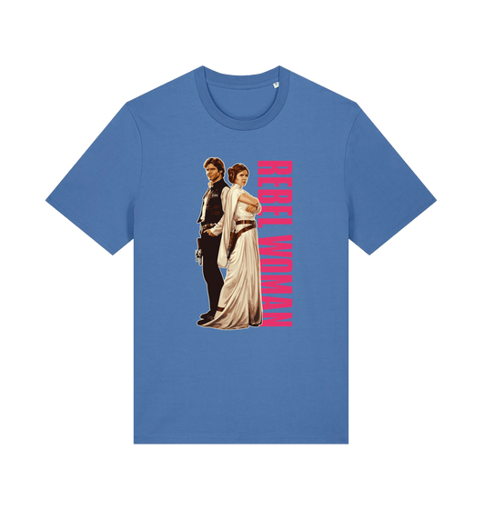 blue geek t-shirt with the graphic of legendary jedi's and the slogan 'rebel woman'