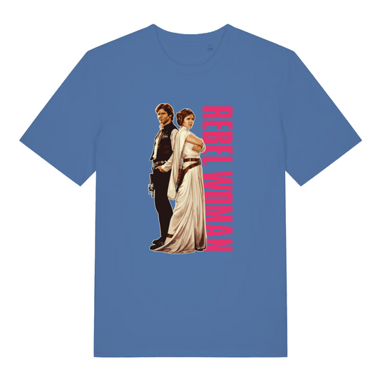 blue geek t-shirt with the graphic of a jedi knight and a princess and the slogan 'rebel woman'