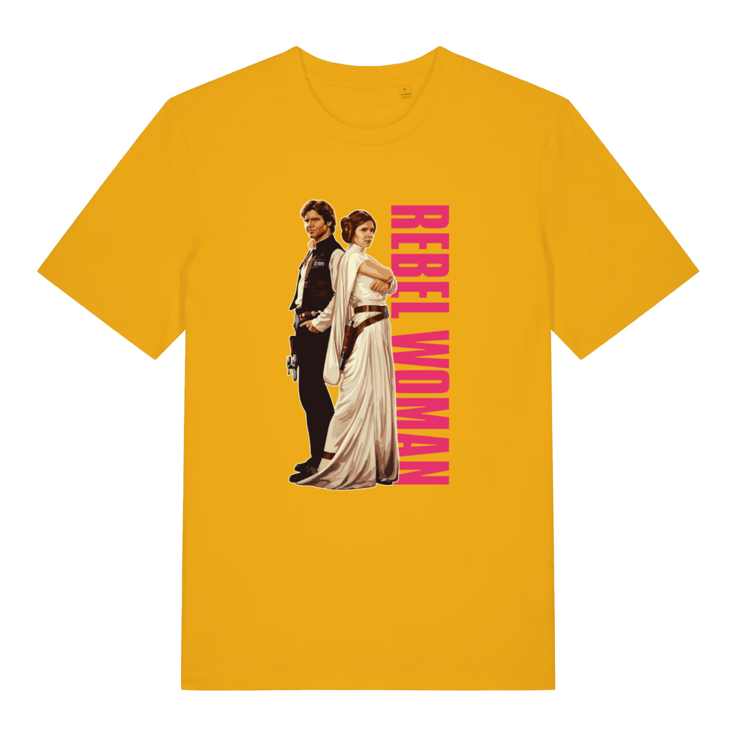 yellow geek t-shirt with the graphic of a jedi knight and a princess and the slogan 'rebel woman'